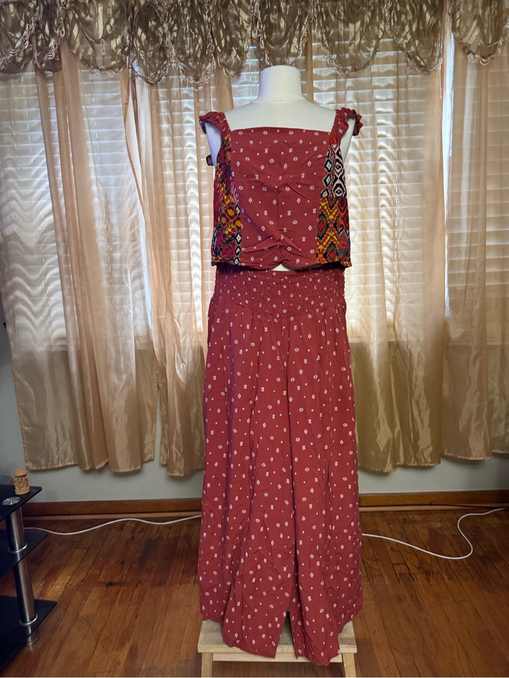 torrid rust red printed smocked wide-leg boho jumpsuit